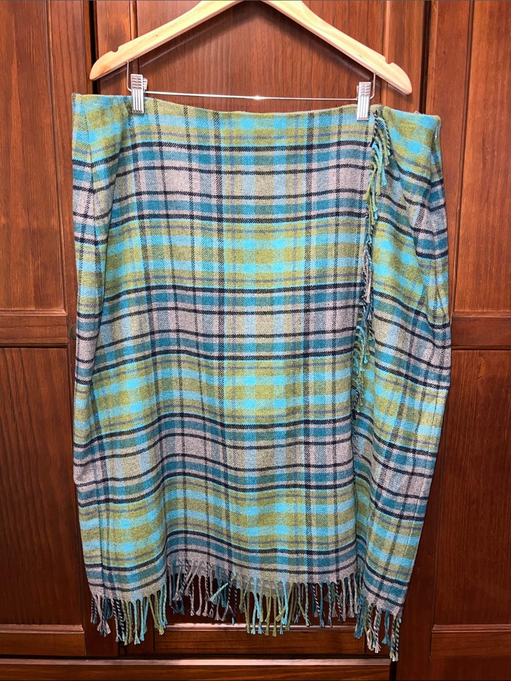 J.Jill Dark Academia Plaid Fringe Wool Blend Wrap Skirt Blue Green Plus Size 24